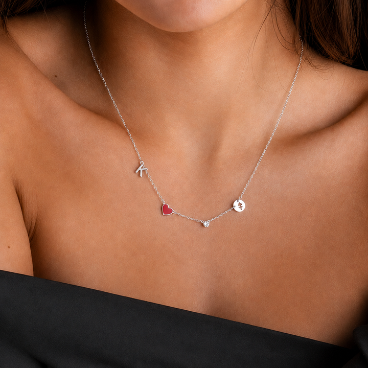 Heart Initial Necklace, close-up while worn
