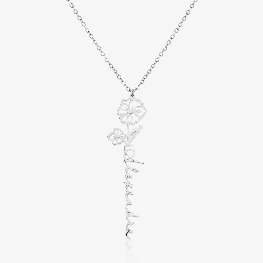 Name and Birth Flower Necklace, shown on a plain background