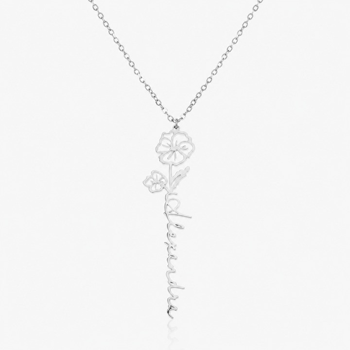 Name and Birth Flower Necklace, shown on a plain background