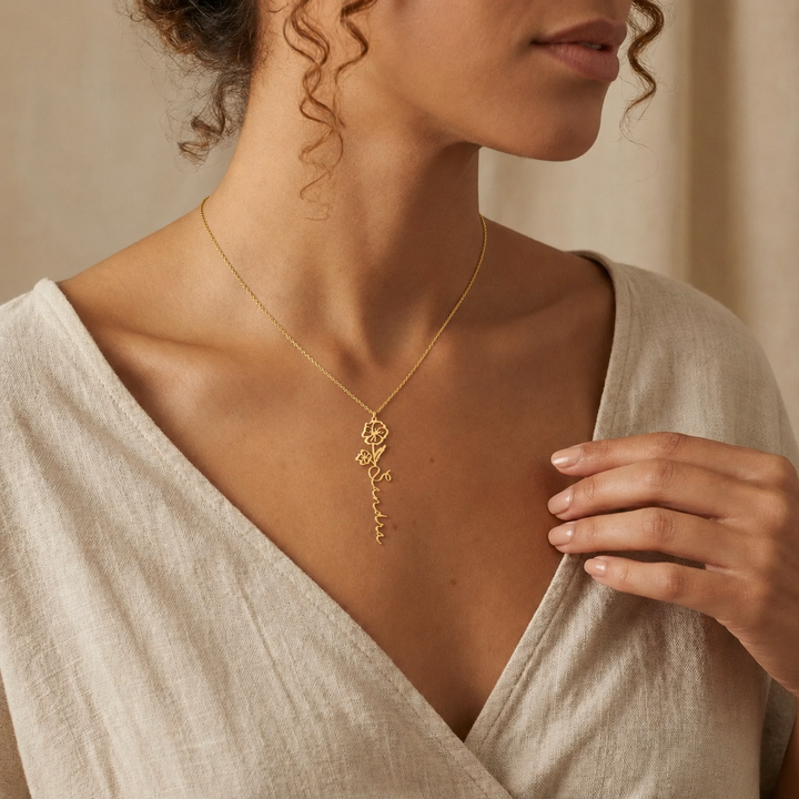 Name and Birth Flower Necklace, worn at the neckline