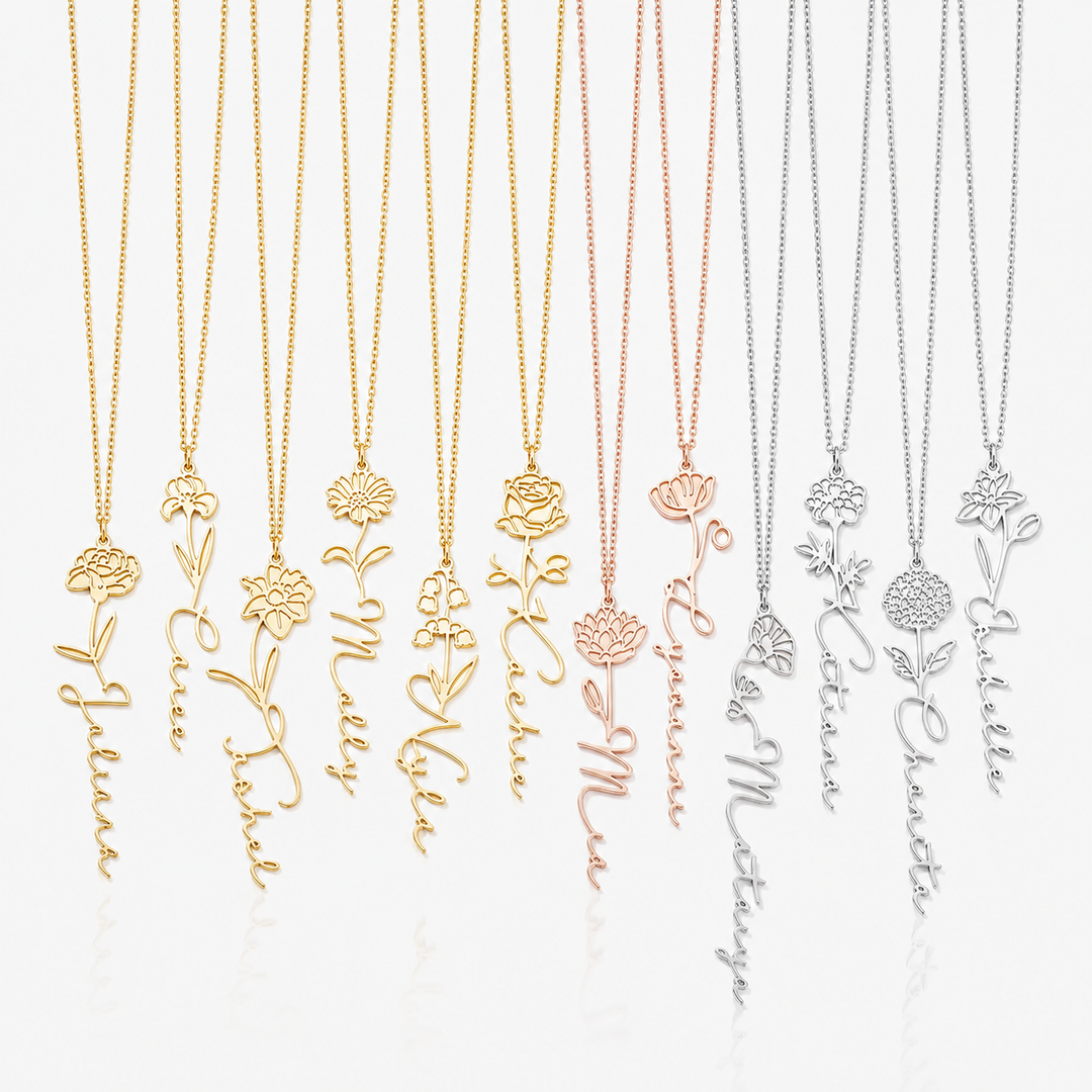 Name and Birth Flower Necklace, close-up detail