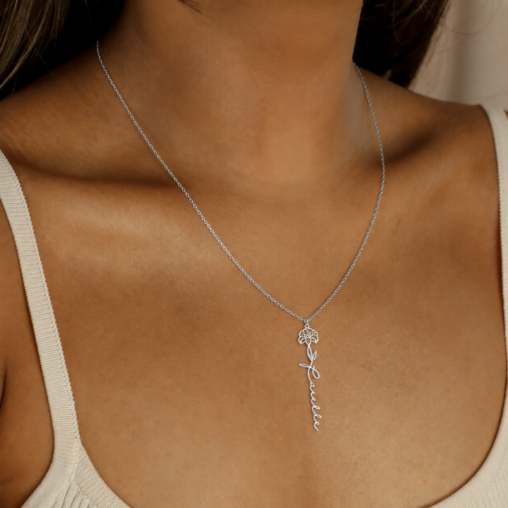Name and Birth Flower Necklace, close-up while worn