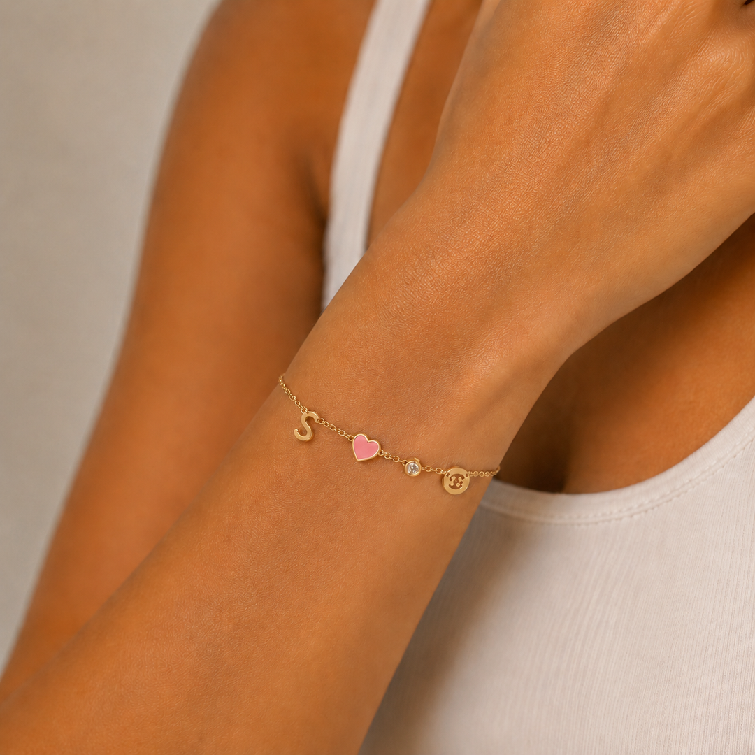 Heart and Initial Bracelet, worn on the wrist