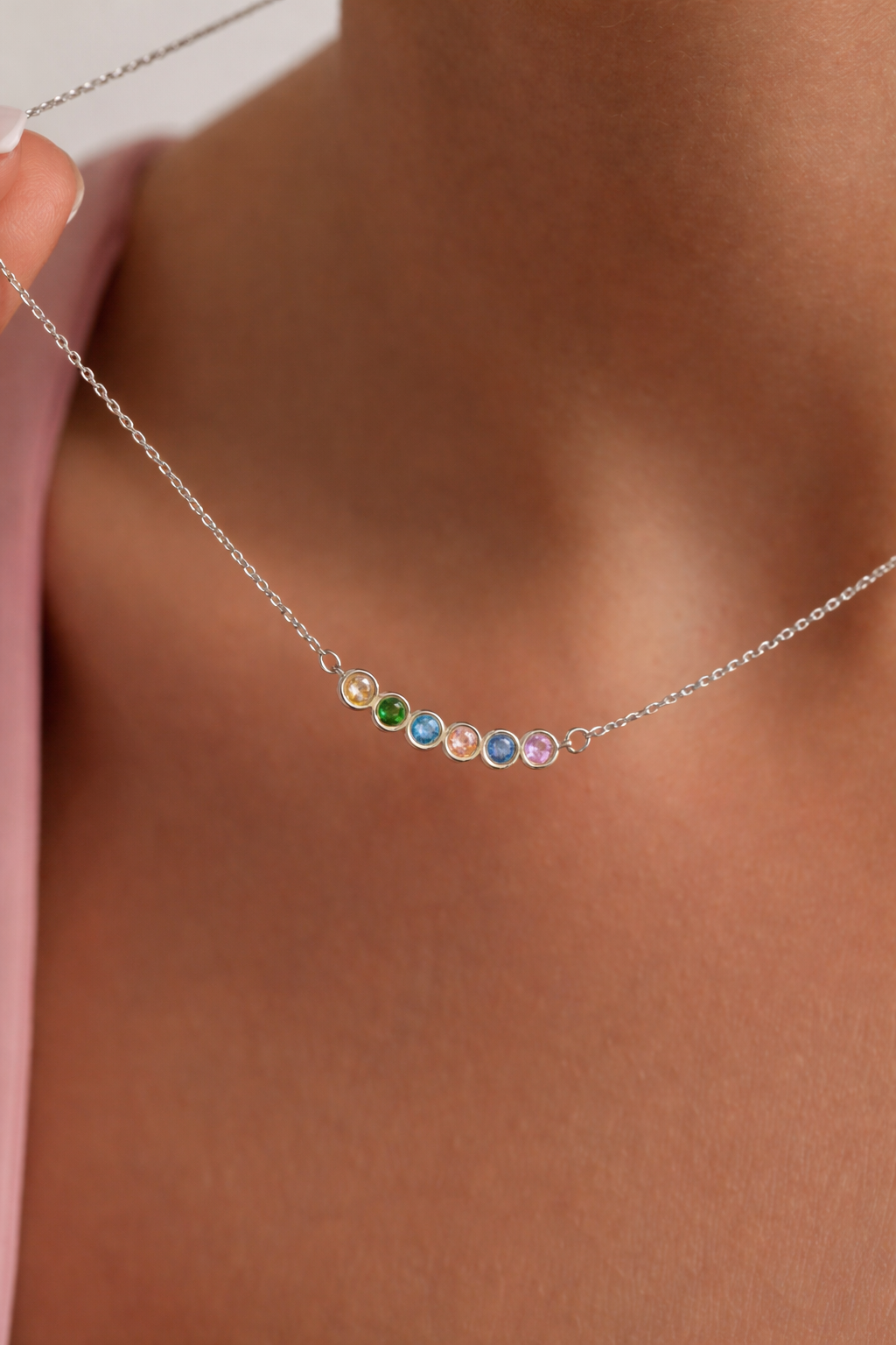 Loved Ones Birthstone Necklace, shown on the model 2