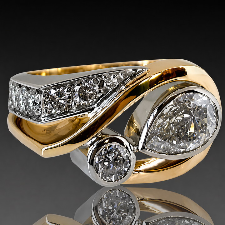 Vintage Irregular Two-Tone Ring with Zirconia Crystals