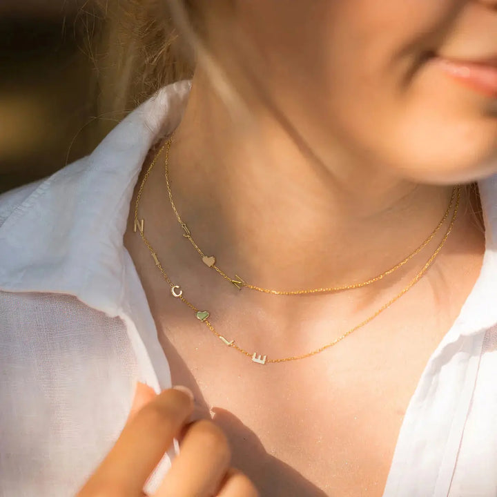 Side Initials Necklace, close-up while worn