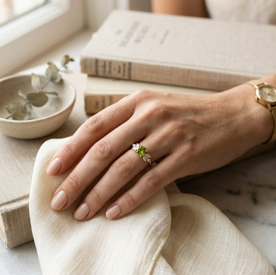 Vintage Olive Ring with Zirconia Crystals