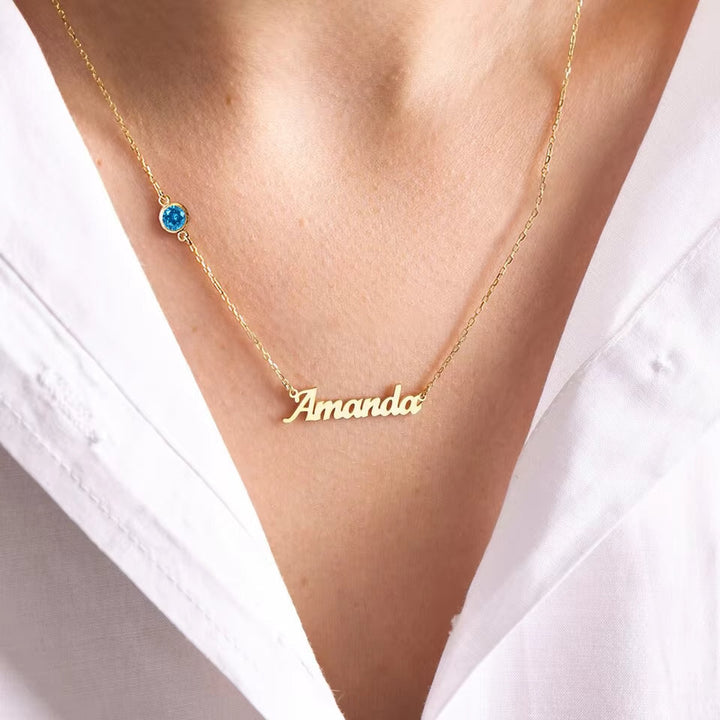 Personalised Name and Birthstone Necklace, styled on the model