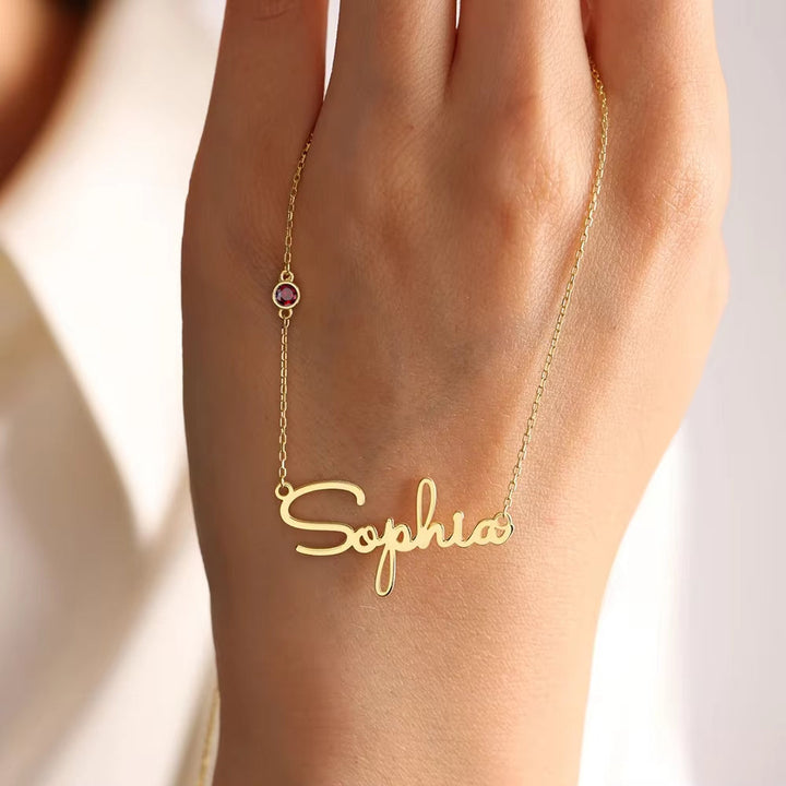 Personalised Name and Birthstone Necklace, close-up while worn
