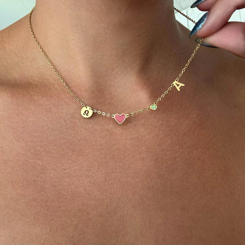 Heart Initial Necklace, worn at the neckline