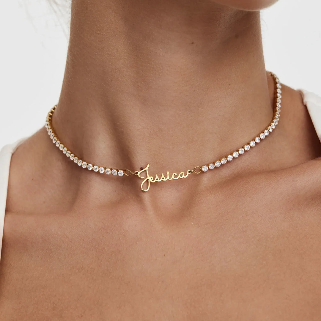 Name Tennis Necklace, close-up while worn