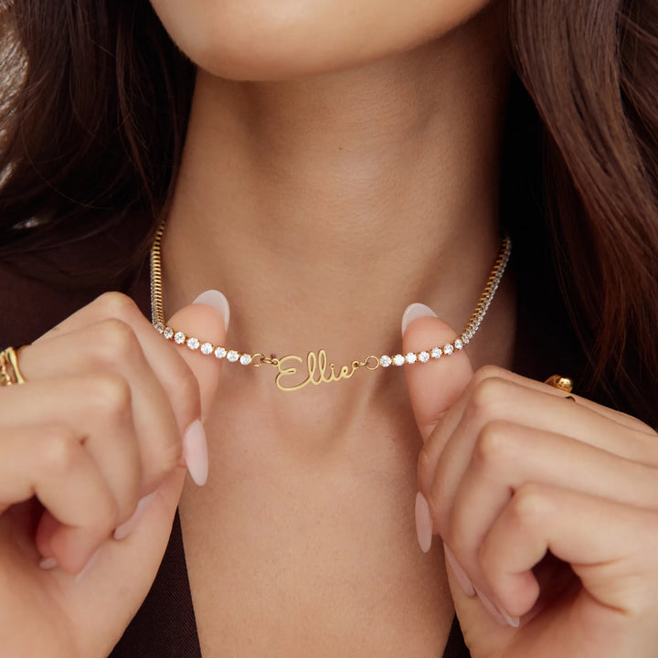 Name Tennis Necklace, worn at the neckline