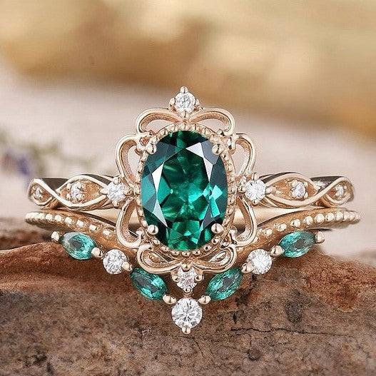 Aurelle Crown Emerald Ring Set | Rose Gold-Tone