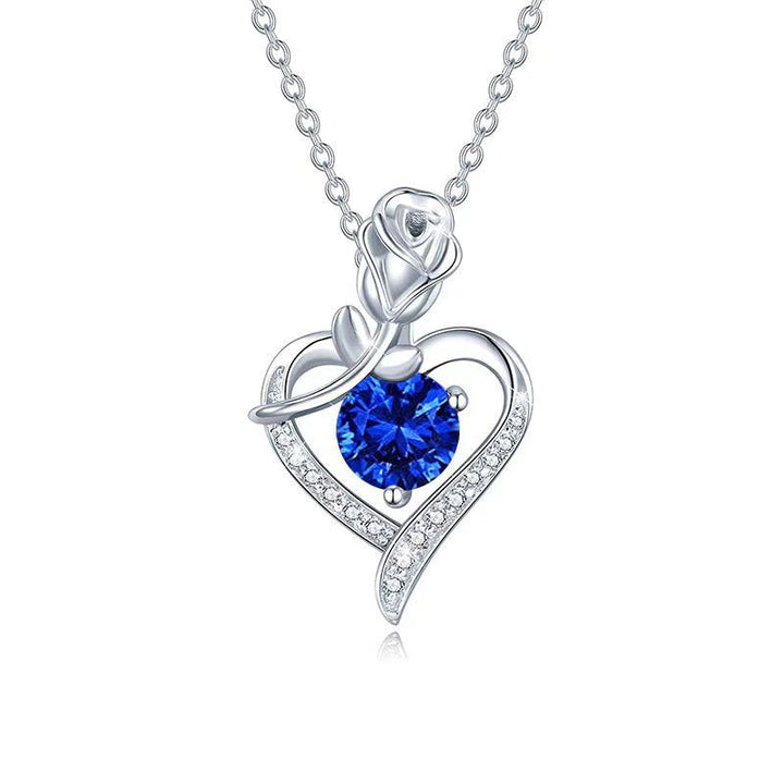 Sapphire Rose Heart Necklace | Silver-Tone