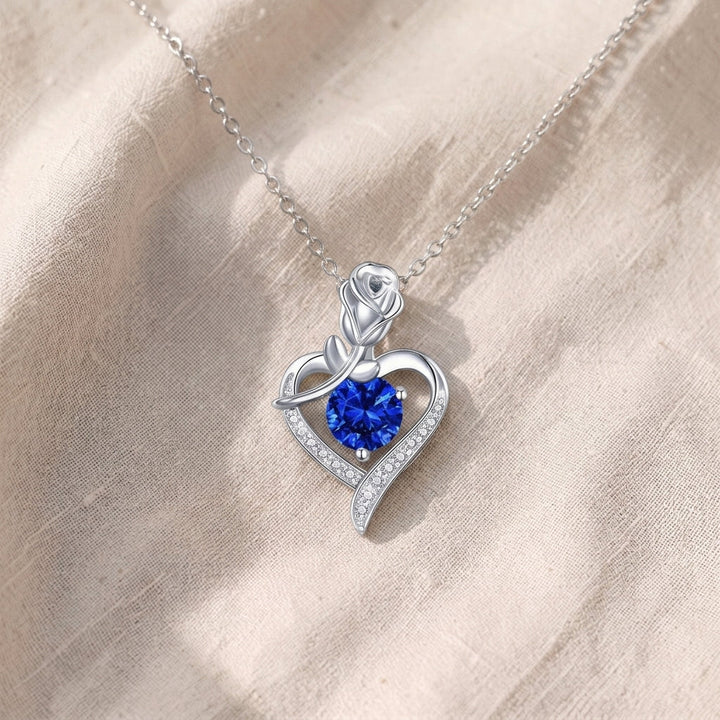 Sapphire Rose Heart Necklace | Silver-Tone