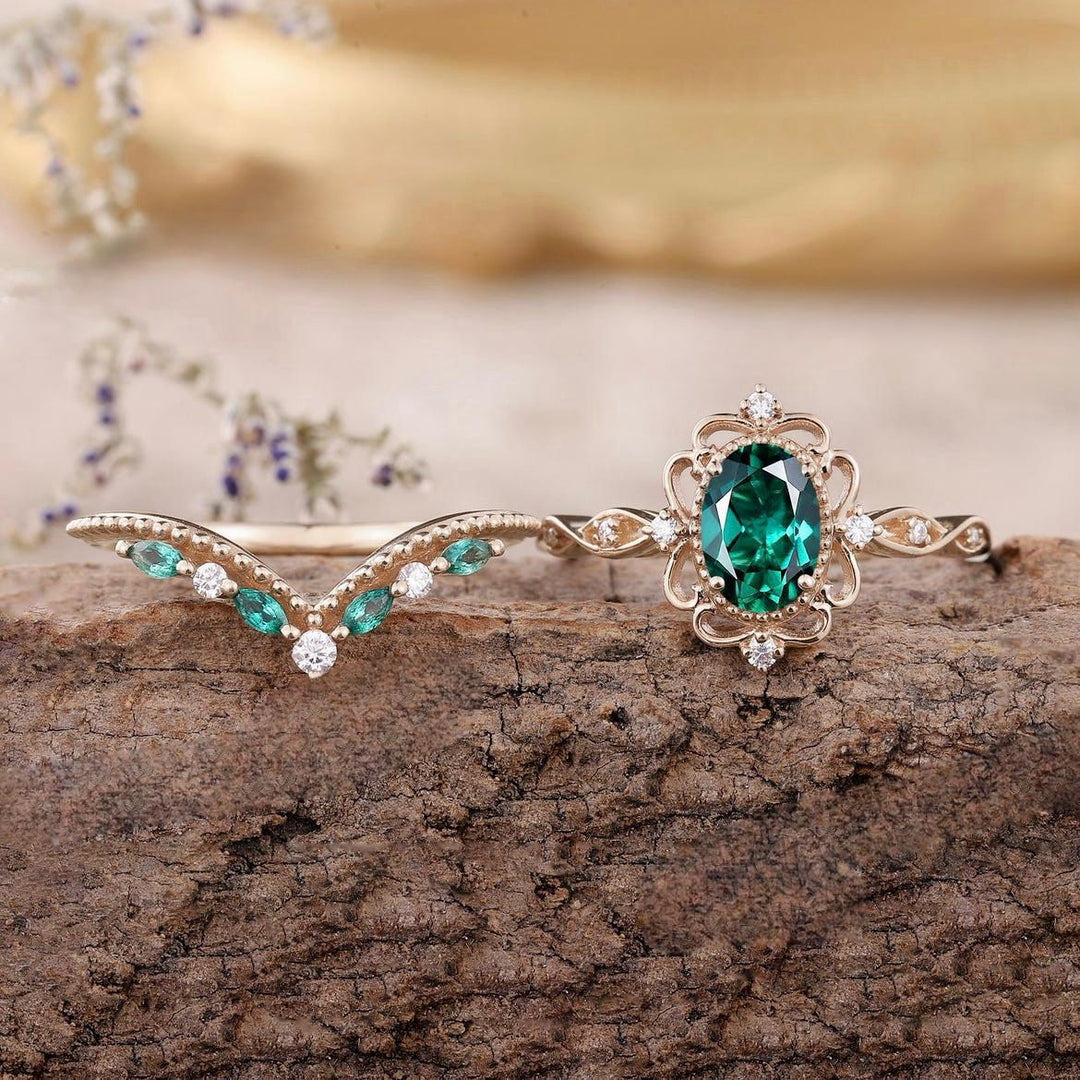 Aurelle Crown Emerald Ring Set | Rose Gold-Tone