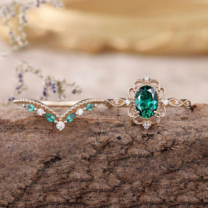 Aurelle Crown Emerald Ring Set | Rose Gold-Tone