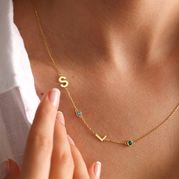 Birthstone and Initials Necklace, styled on the model