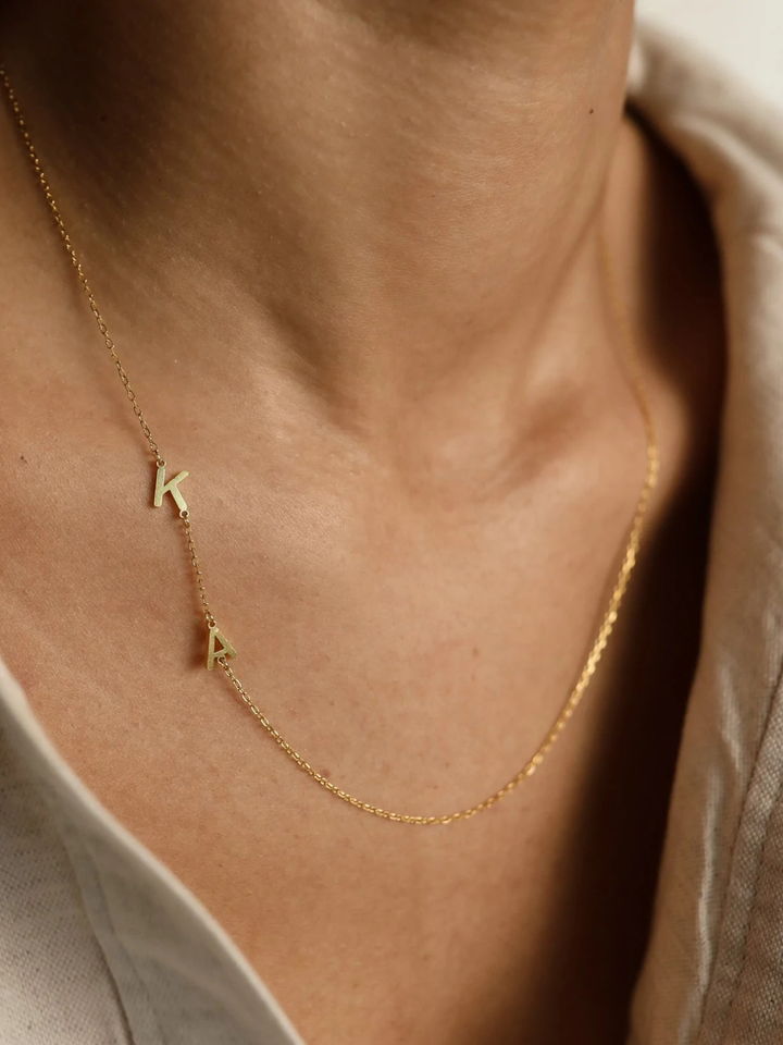 Side Initials Necklace, worn at the neckline