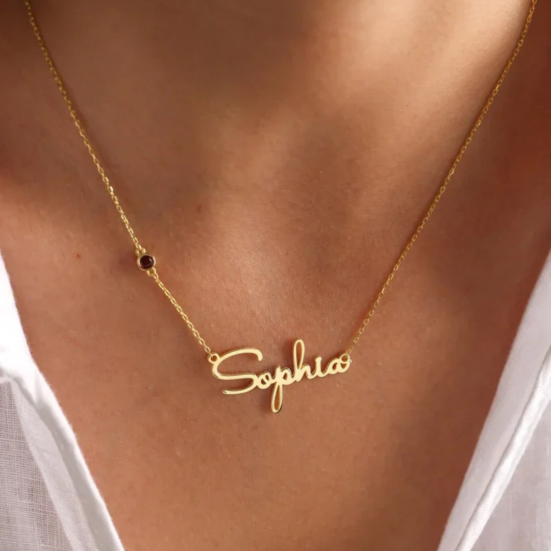 Personalised Name and Birthstone Necklace, shown on the model