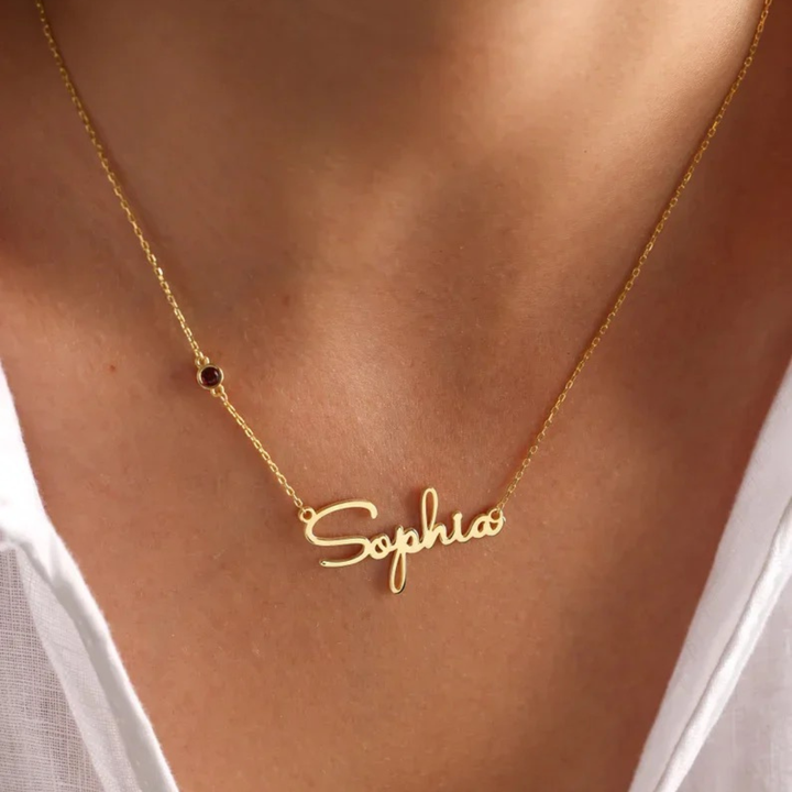 Personalised Name and Birthstone Necklace, shown on the model