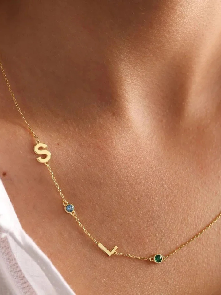 Birthstone and Initials Necklace, worn at the neckline
