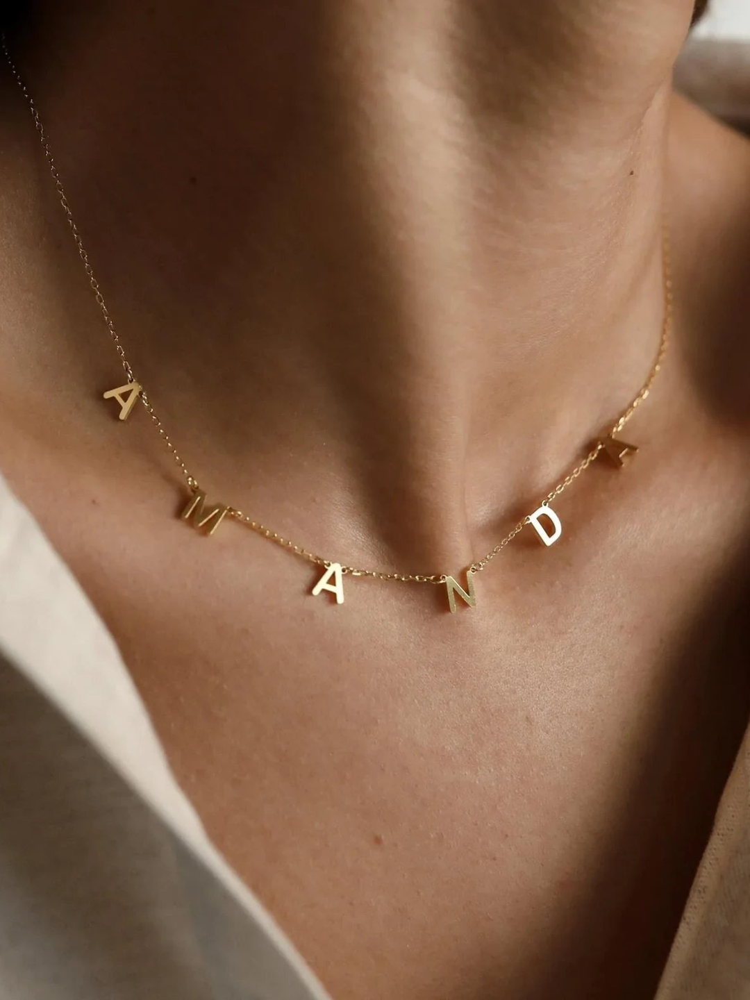 Sofia Personalised Name Necklace, worn at the neckline