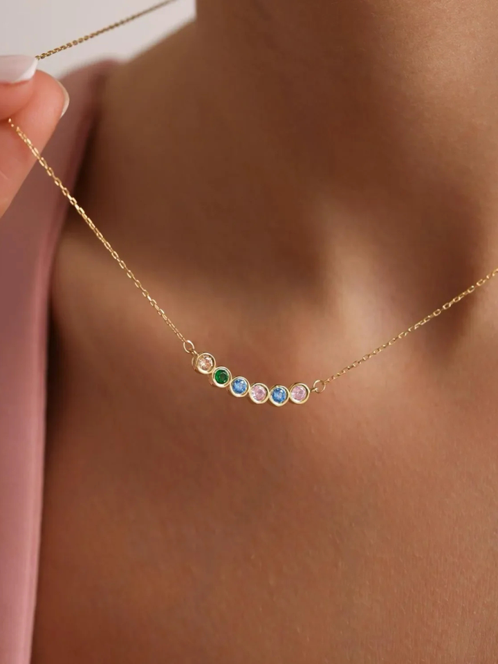 Loved Ones Birthstone Necklace, worn at the neckline