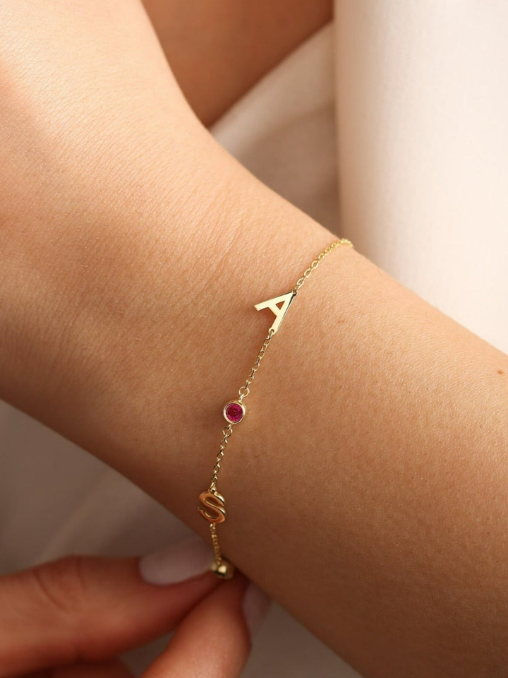 Olisa Double Initial and Birthstone Bracelet, worn on the wrist