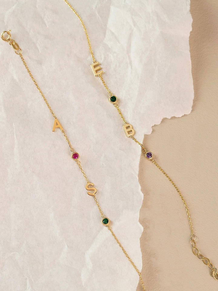 Olisa Double Initial and Birthstone Bracelet, shown on the model