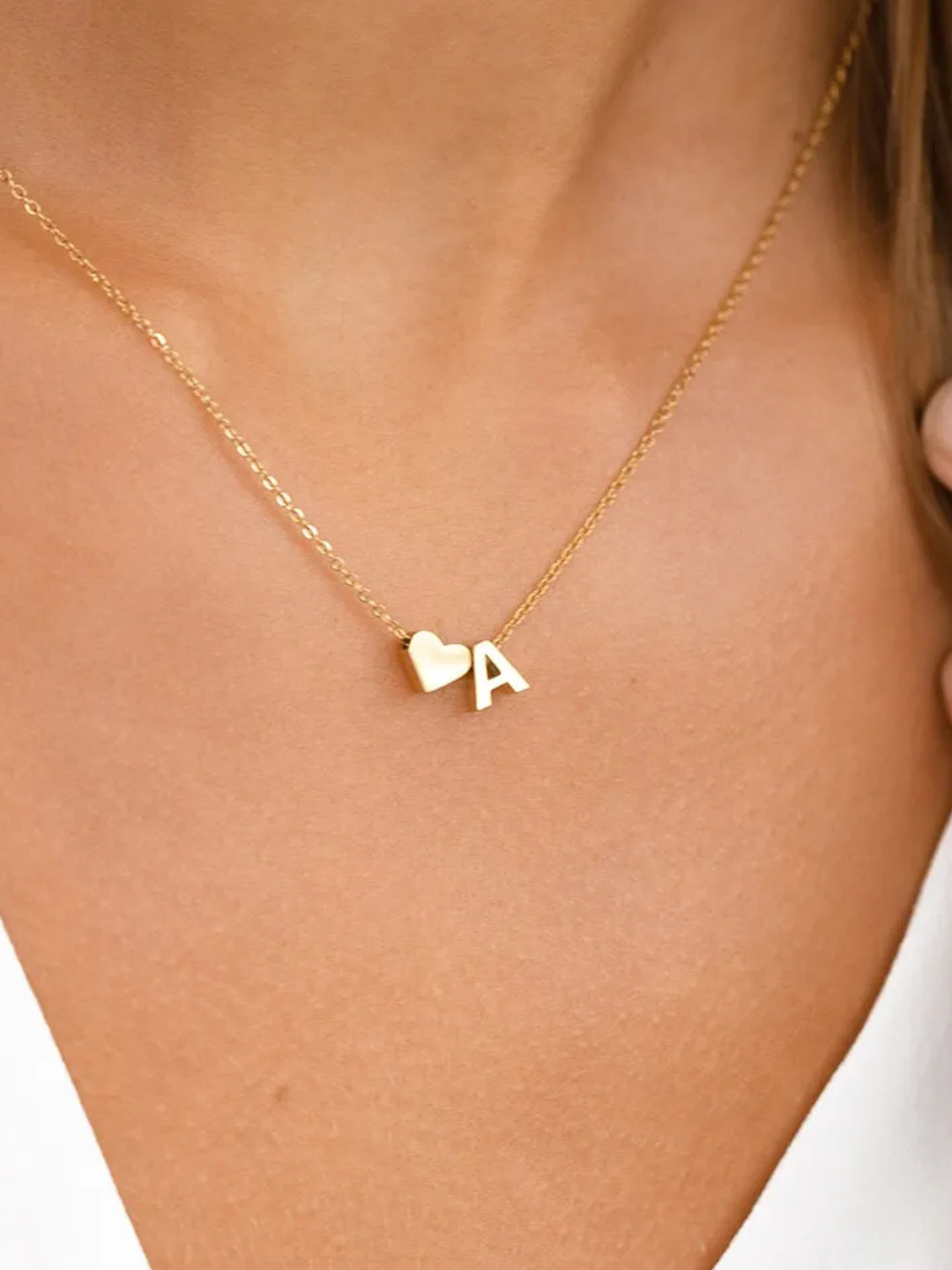 Heart Initial Pendant Necklace, worn at the neckline