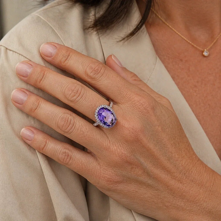 Oval Amethyst Zirconia Silver-Tone Ring