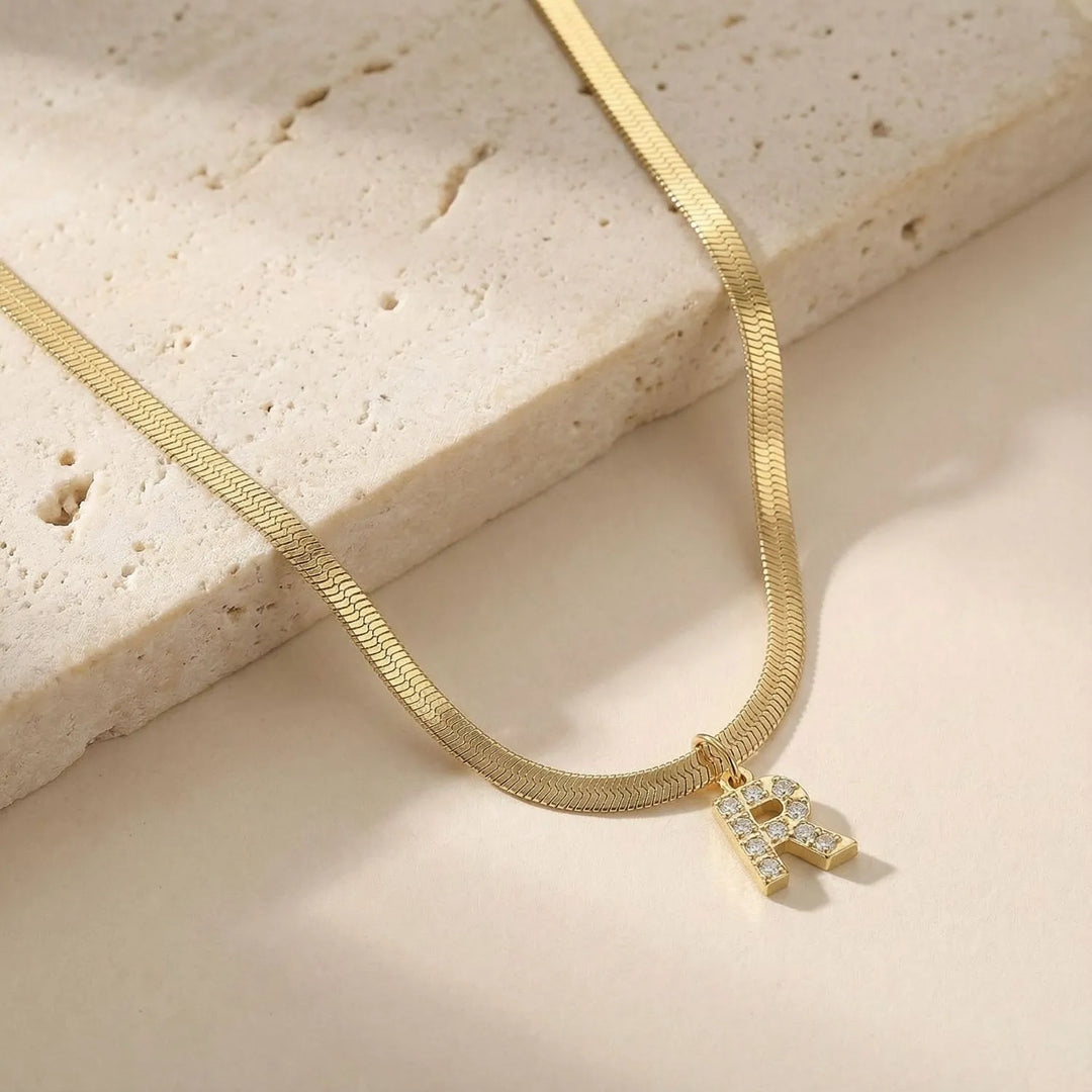 Eva Initial Necklace, worn, side view