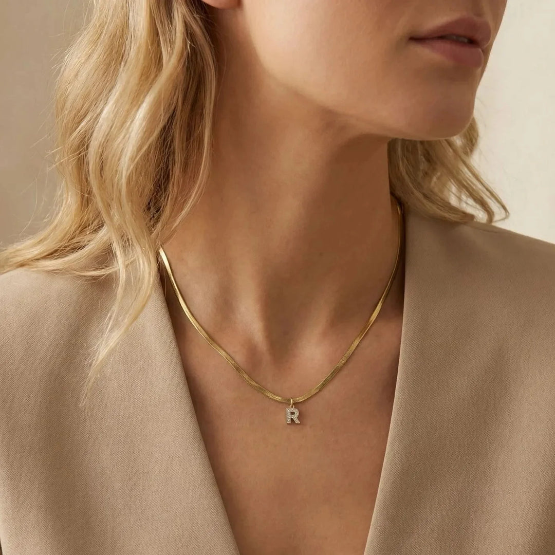 Eva Initial Necklace, worn at the neckline