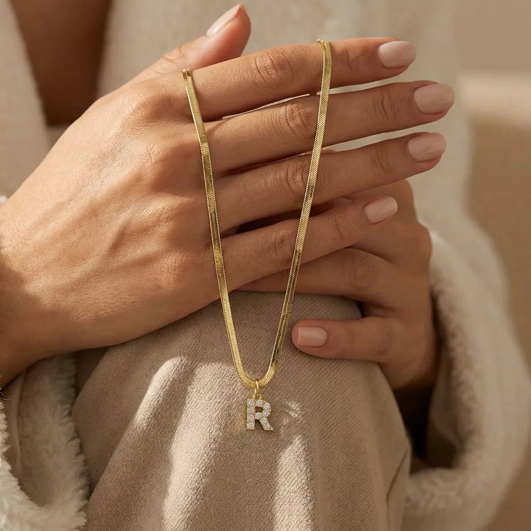 Eva Initial Necklace, shown on the model