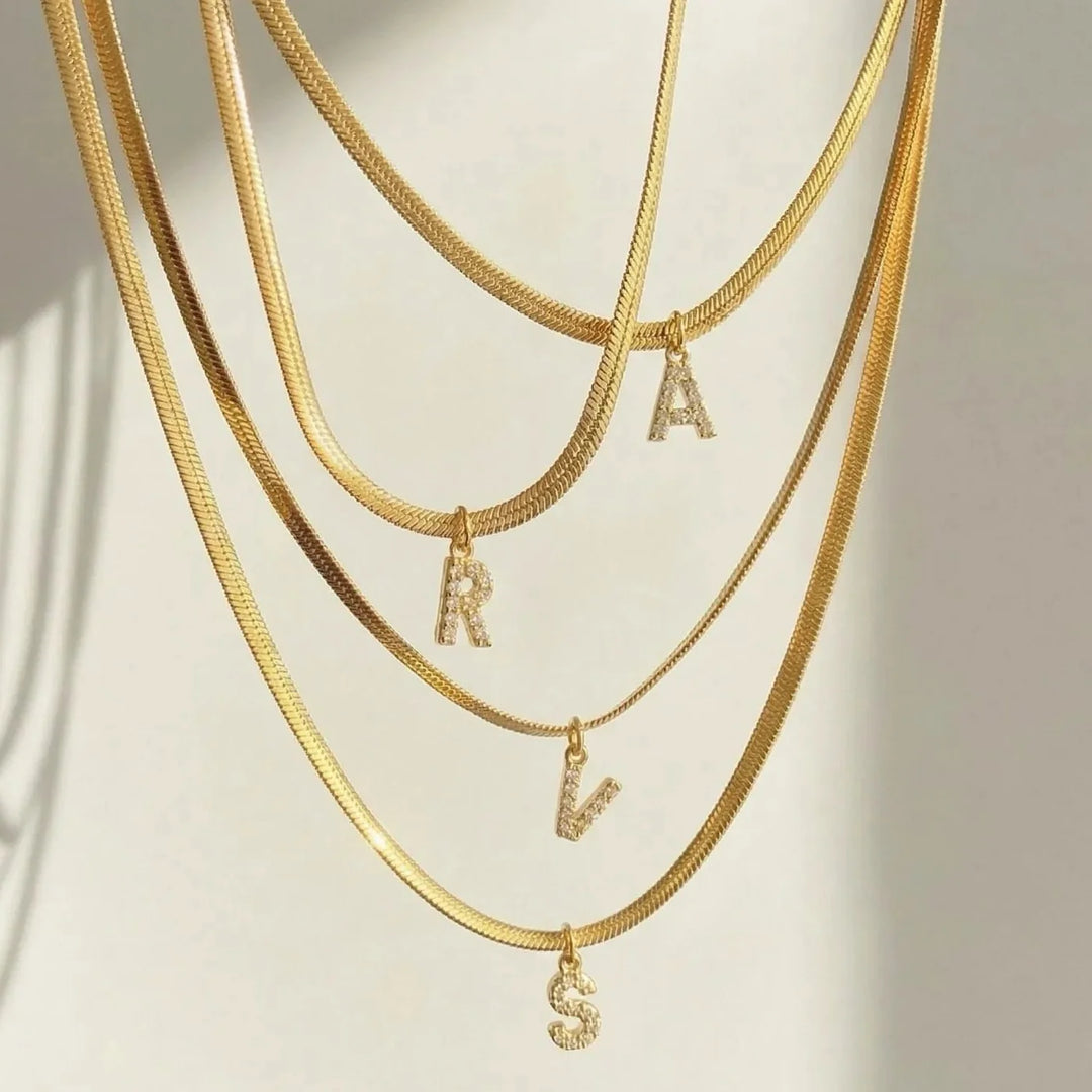 Eva Initial Necklace, close-up while worn