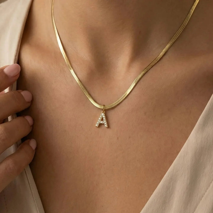 Eva Initial Necklace, worn at the neckline 2