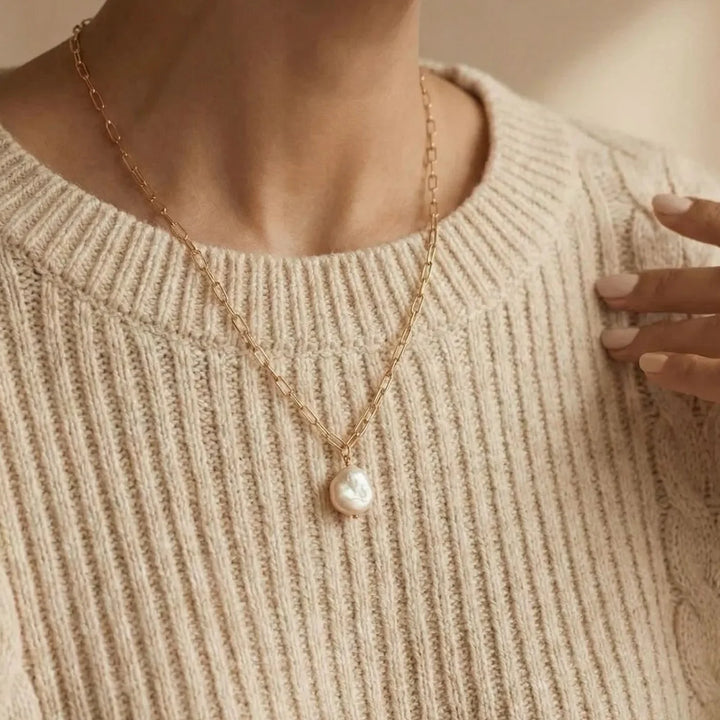 Rivia Chunky Pearl Necklace, shown on the model
