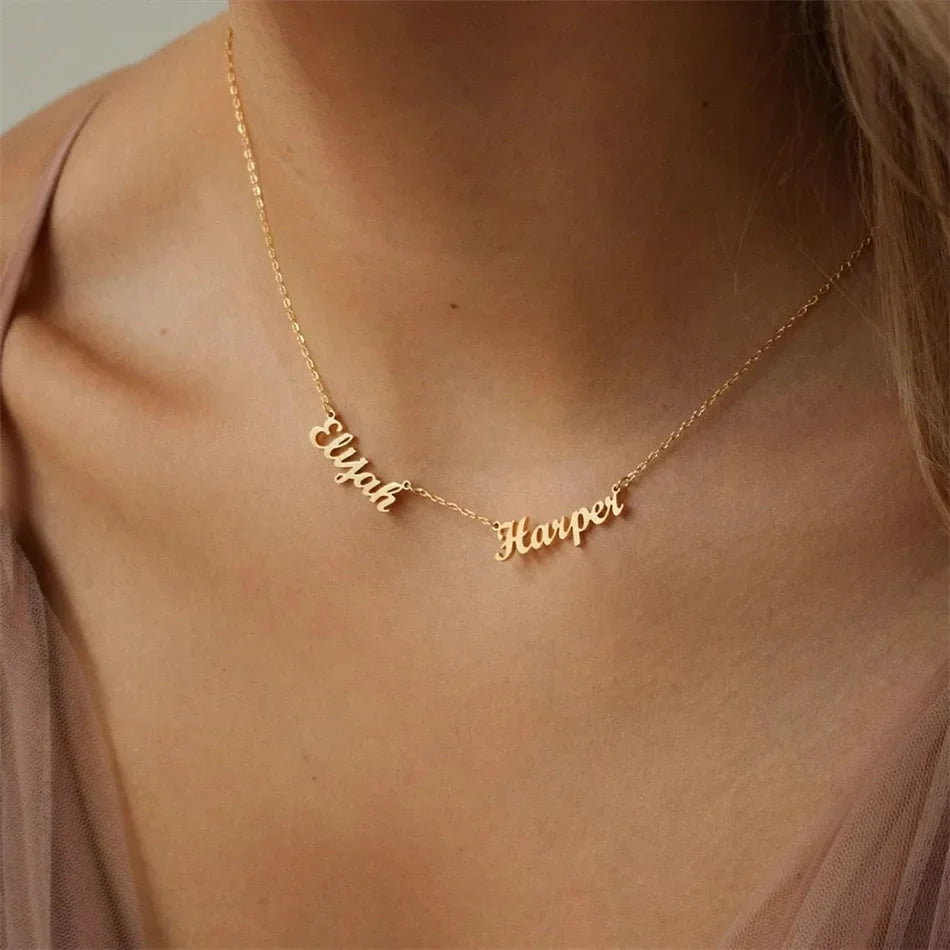 Elisa Four Name Necklace, worn, side view