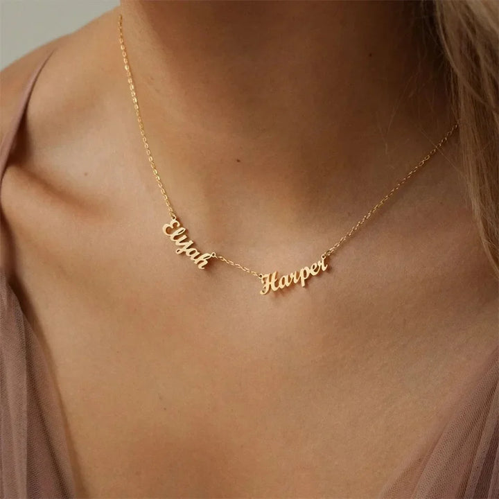 Elisa Four Name Necklace, worn, side view