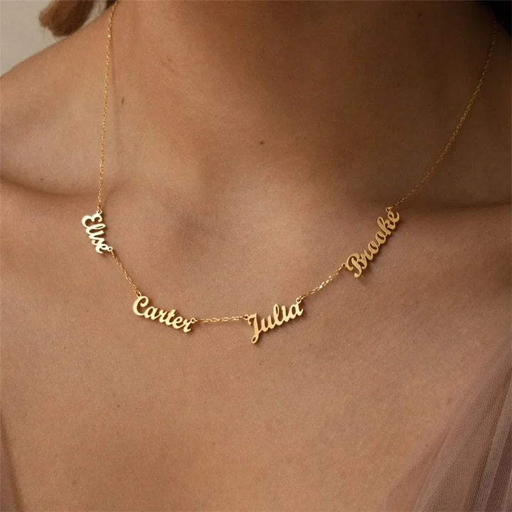 Elisa Four Name Necklace, styled on the model