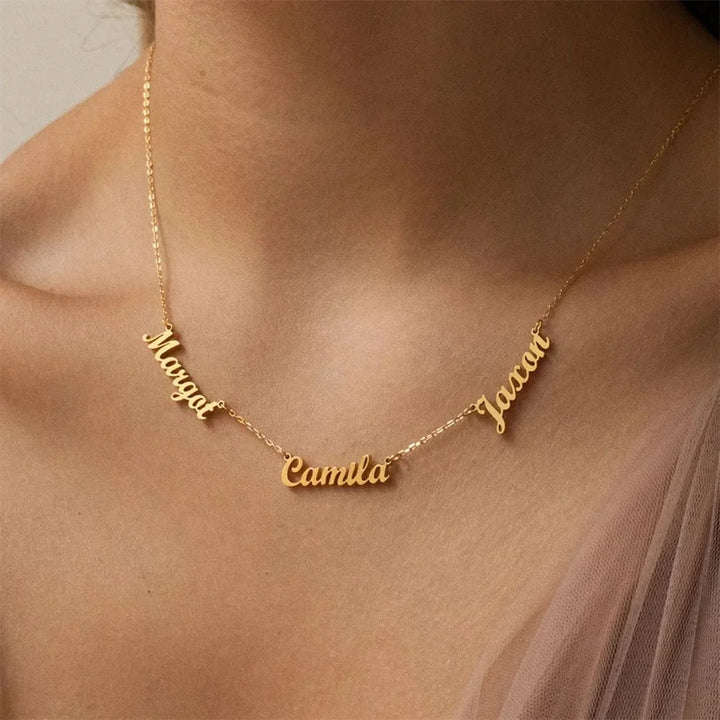 Elisa Four Name Necklace, shown on the model