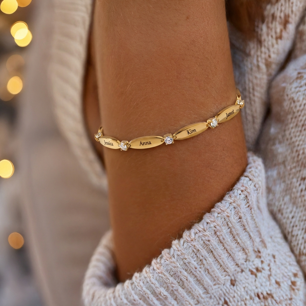 Elara Engraved Name Bracelet worn, gold