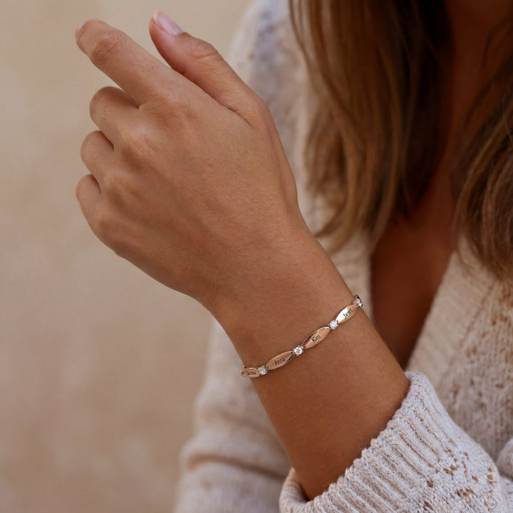 Elara Engraved Name Bracelet worn, rose gold