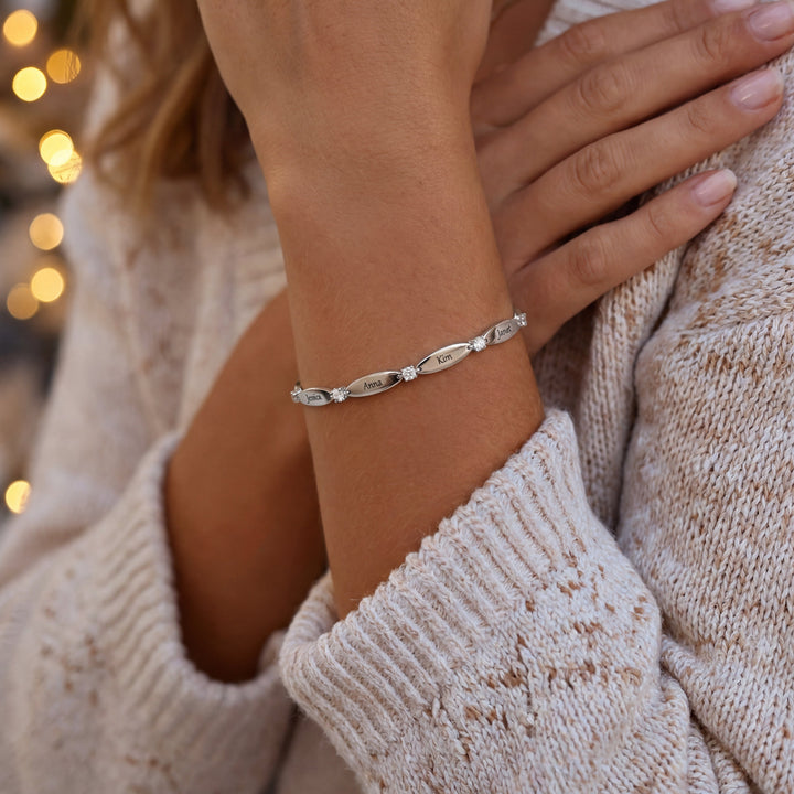 Elara Engraved Name Bracelet worn, silver