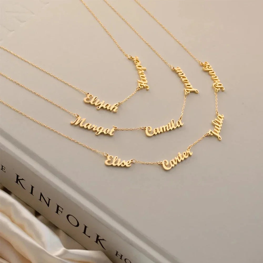 Elisa Four Name Necklace, close-up while worn