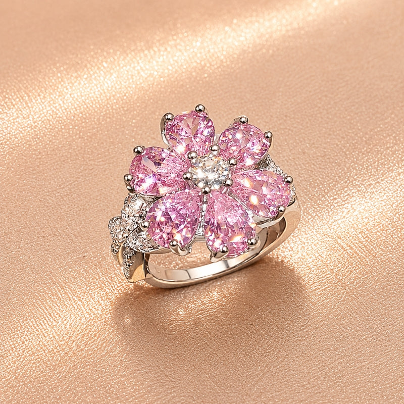 Pink Crystal Flower Statement Ring