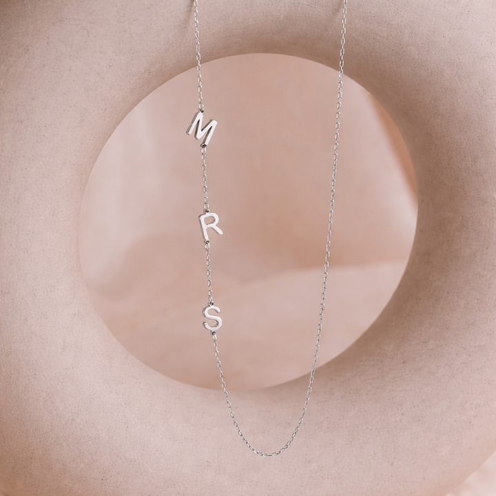 Side Initials Necklace, close-up while worn 2
