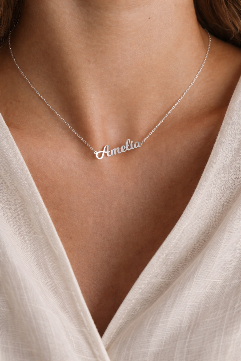 Firma Name Necklace, worn, side view