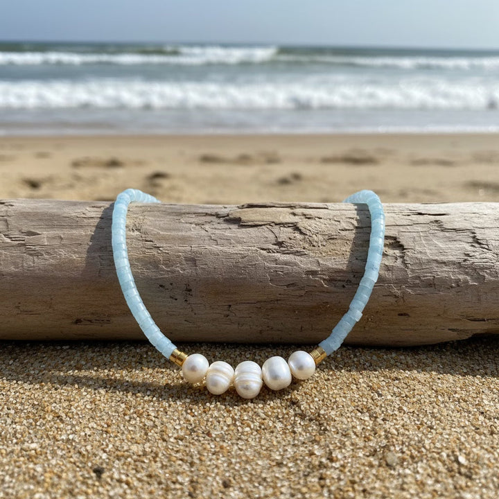 Minimal Aquamarine Turquoise and Pearl Necklace